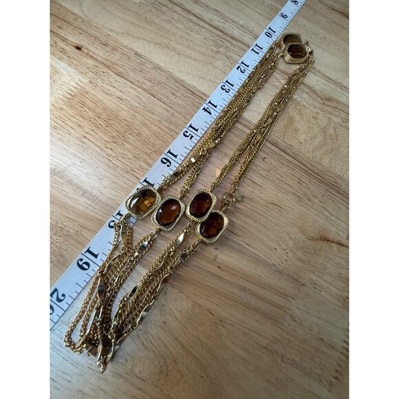 Vintage Sarah Coventry Gold-Tone Multi-Strand Necklace W/ Brown Glass Stones 30" - Picture 9 of 11